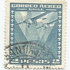 Sellos: SELLO USADO DE CHILE DE 1944- 2 AEROPLANOS SOBRE GLOBO - YVERT 96- VALOR 2 PESOS- VARIANTE
