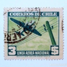 Sellos: SELLO POSTAL CHILE 1941 3 $ AVION LINEA AEREA NACIONAL CORREO AÉREO CON RAREZA DE IMPRESION !!