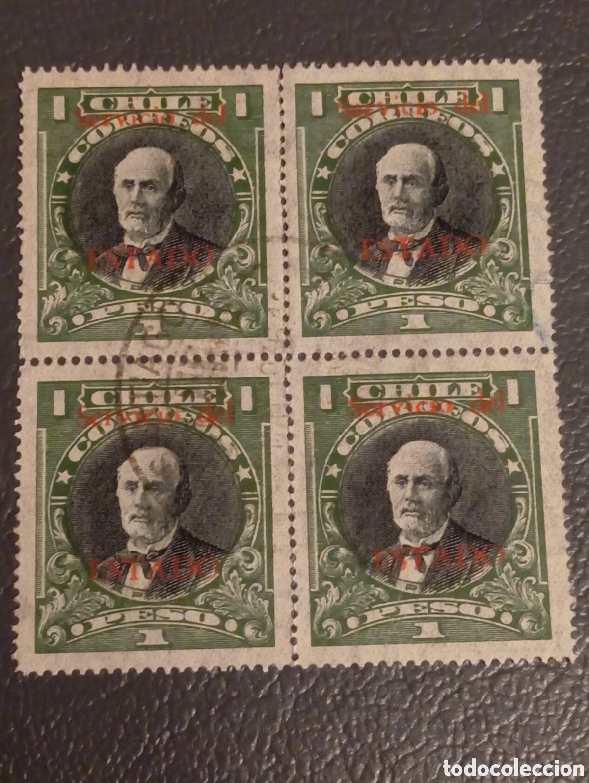 Sellos: Chile 1928-1930 Sello An&iacute;bal Pinto 1 Peso Verde con Sobrecarga &rdquo;OFICIAL&rdquo; - Scott #O34