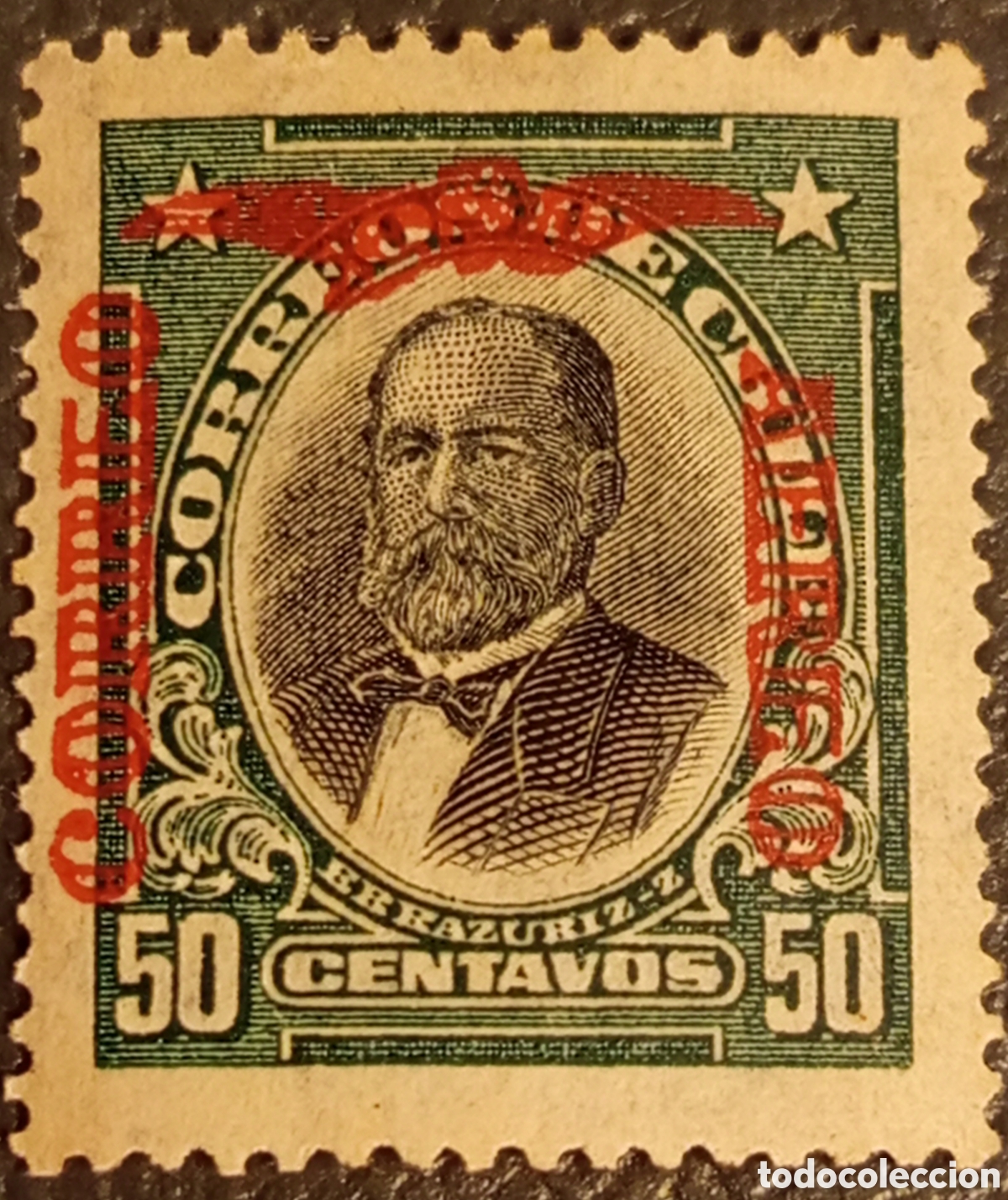 Sellos: Sello Chile 1928 Correo A&eacute;reo 50c Err&aacute;zuriz, Sobrecarga Desplazada (Scott #C1)
