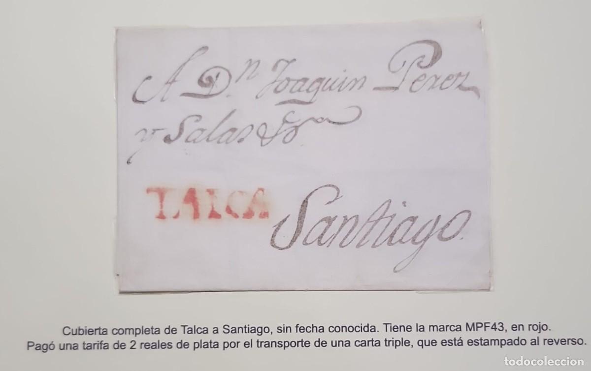 Sellos: O) CHILE, TALCA, PREPHILATELIC - PRESTAMP, MARK IN RED, 2 reales HANDSTRUCK, TRIPLE COVER, CIRCULA