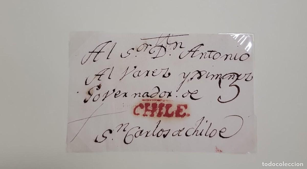 Sellos: O) CHILE, MARK IN RED, FRAGMENT, ADDRESSED TO DON ANTONIO ALVAREZ Y JIMENEZ, GOVERNOR OF CHILOE, 3 r