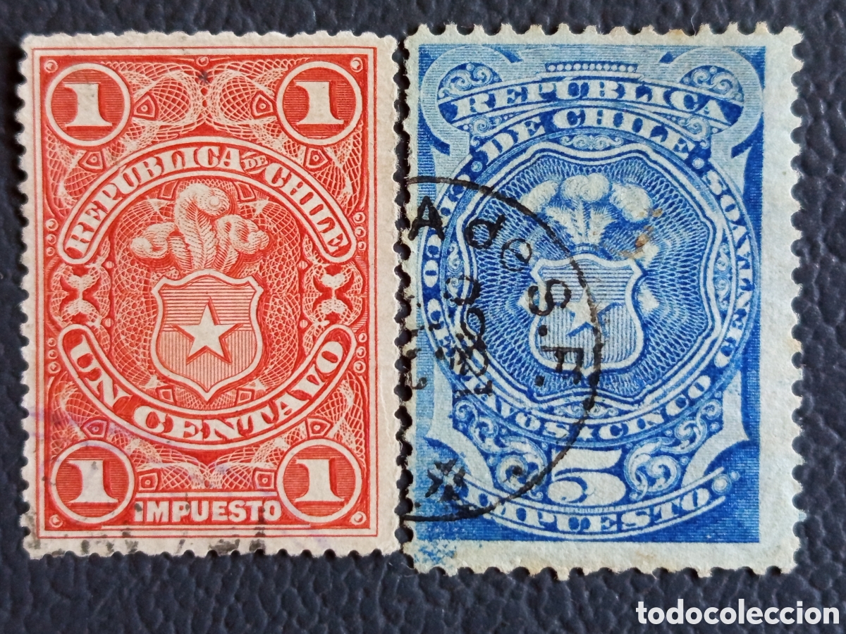 Sellos: Chile 1900-1913 - Sellos Fiscales &rdquo;Impuesto&rdquo; Escudo Nacional - 1c y 5c - Usado