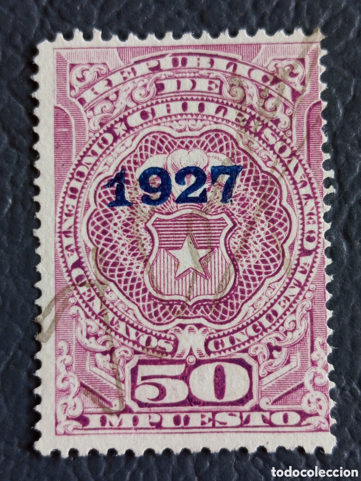 Sellos: Chile 1927 - Sello Fiscal &rdquo;Impuesto&rdquo; 50 Centavos - Escudo Nacional - Sobrecarga A&ntilde;o 1927 - Usado