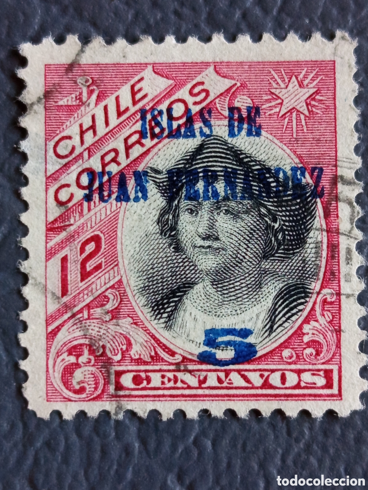 Sellos: Chile 1910 - Col&oacute;n 12c Sobrecarga &rdquo;5c Islas de Juan Fern&aacute;ndez&rdquo; Azul - Scott 79 - Usado