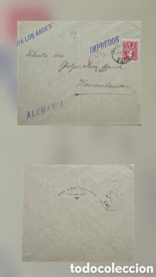 Sellos: CA) CHILE1896. ​A commercial cover sent from Valparaiso, Chile, to Kaiserslautern, Germany, featurin