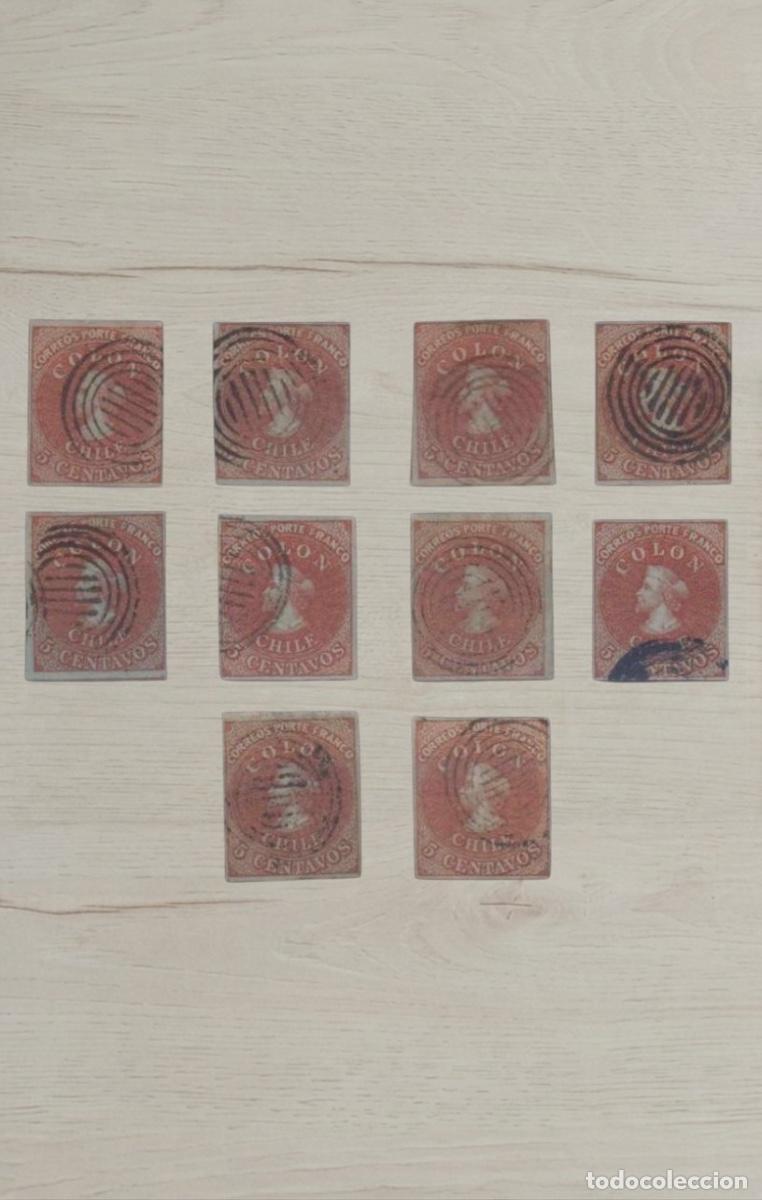 Sellos: Chile 1853-1865 Christopher Columbus &rdquo;Colon&rdquo; 5c Red-Brown First Issues Lot 10v Used Imperf - Special