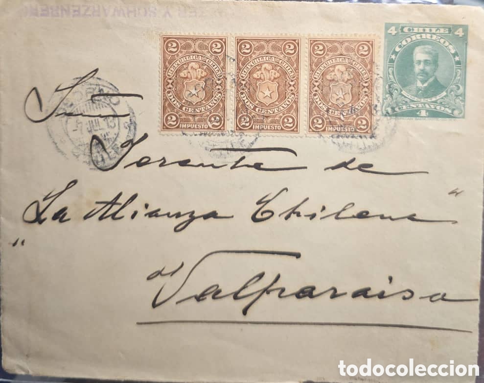Sellos: Cy) circa 1913 Chile &ndash; Front postal stationery envelope addressed to &ldquo;Gerente de La Alianza Chi