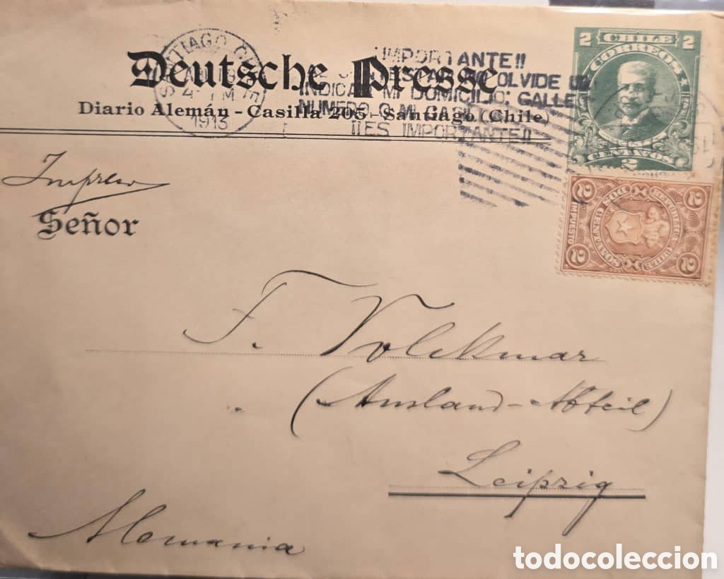 Sellos: Cy) 1913 Chile &ndash; Historical envelope from Deutsche Presse (German‑language newspaper, Santiago)