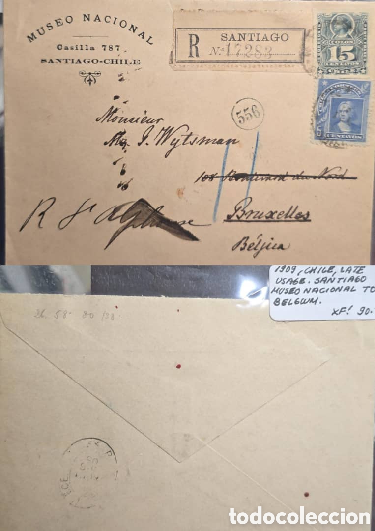 Sellos: Cy) 1909 Chile &ndash; Registered envelope from Museo Nacional (Casilla 787, Santiago),