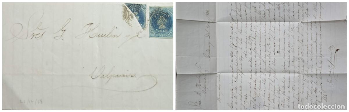 Sellos: O) 1858 CHILE, CALDERA - VALPARAISO, CHRISTOPHER COLUMBUS, 10 centavos blue, BISECT CHISTOPHER COLUM