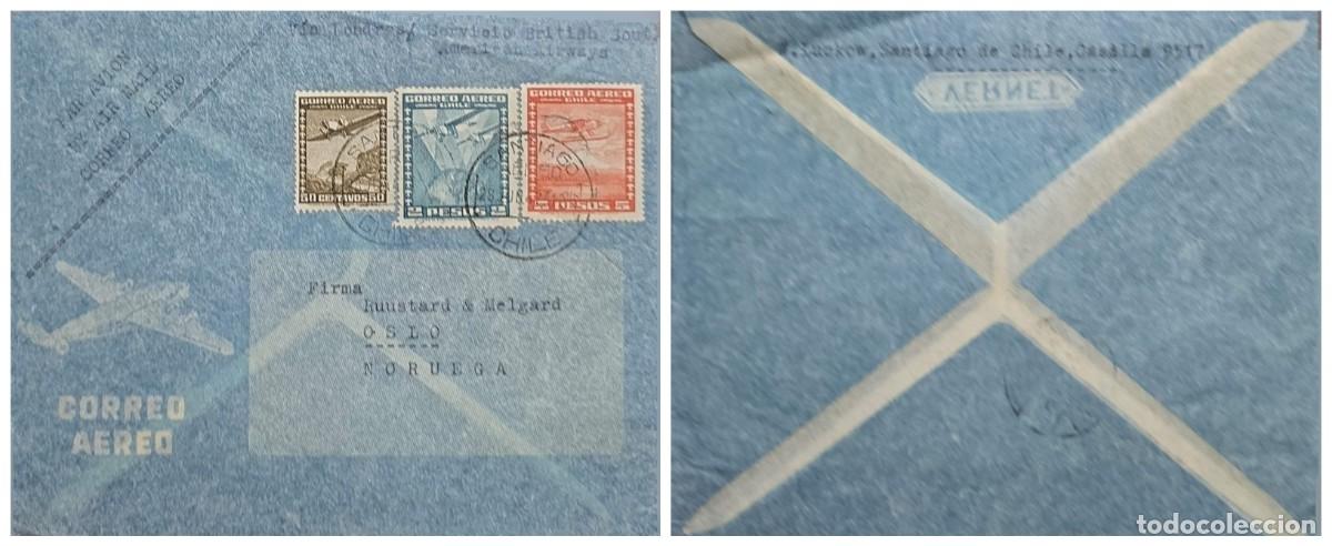 Sellos: O) CHILE, WINGS OVER CHILE, TWO AIRPLANES OVER GLOBE, SEAPLANE, AIRMAIL, CIRCULATED COVER TO NORW