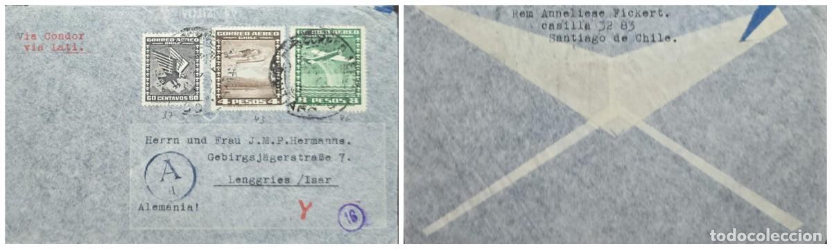 Sellos: O) 1939 circa, CHILE, VIA CONDOR, VIA LATI, A MARK BLUE IN CIRCLE,CONDOR 60c - AEREO, SEAPLANE 4p,