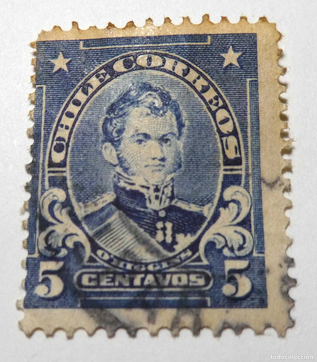 Sellos: Sello postal de Chile 5 centavos de 1912, retrato de Bernardo O'Higgins