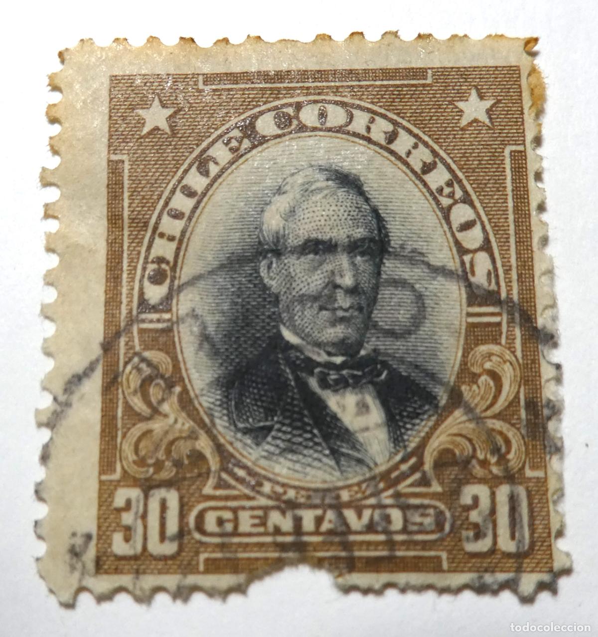 Sellos: Sello postal de Chile 30 centavos de 1911, retrato de Jos&eacute; Joaqu&iacute;n P&eacute;rez