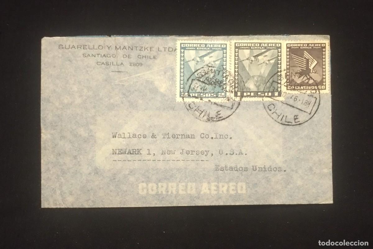 Sellos: TS) 1946 CHILE, COVER SENT FROM GUARELLO Y MANTZKE LTDA. IN SANTIAGO, CHILE, TO NEW JERSEY, AIRMAIL,