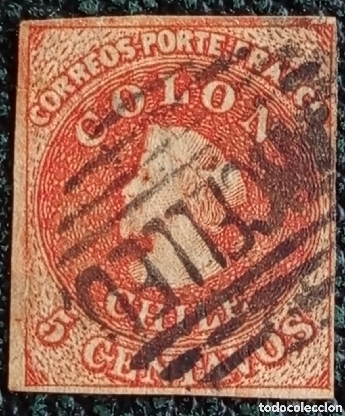 Sellos: Chile 1854 Crist&oacute;bal Col&oacute;n 5c Casta&ntilde;o Rojizo Usado Imperforado Scott 7