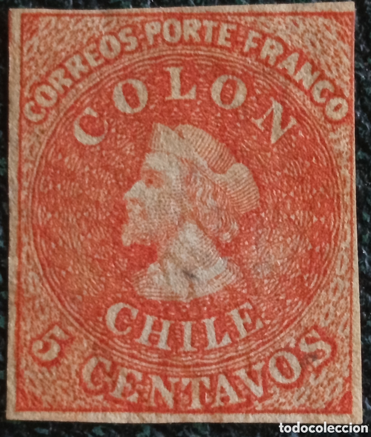 Sellos: Sello Chile 1853 Crist&oacute;bal Col&oacute;n 5c Rojo Pardo MH Margen Amplio (Scott #1)