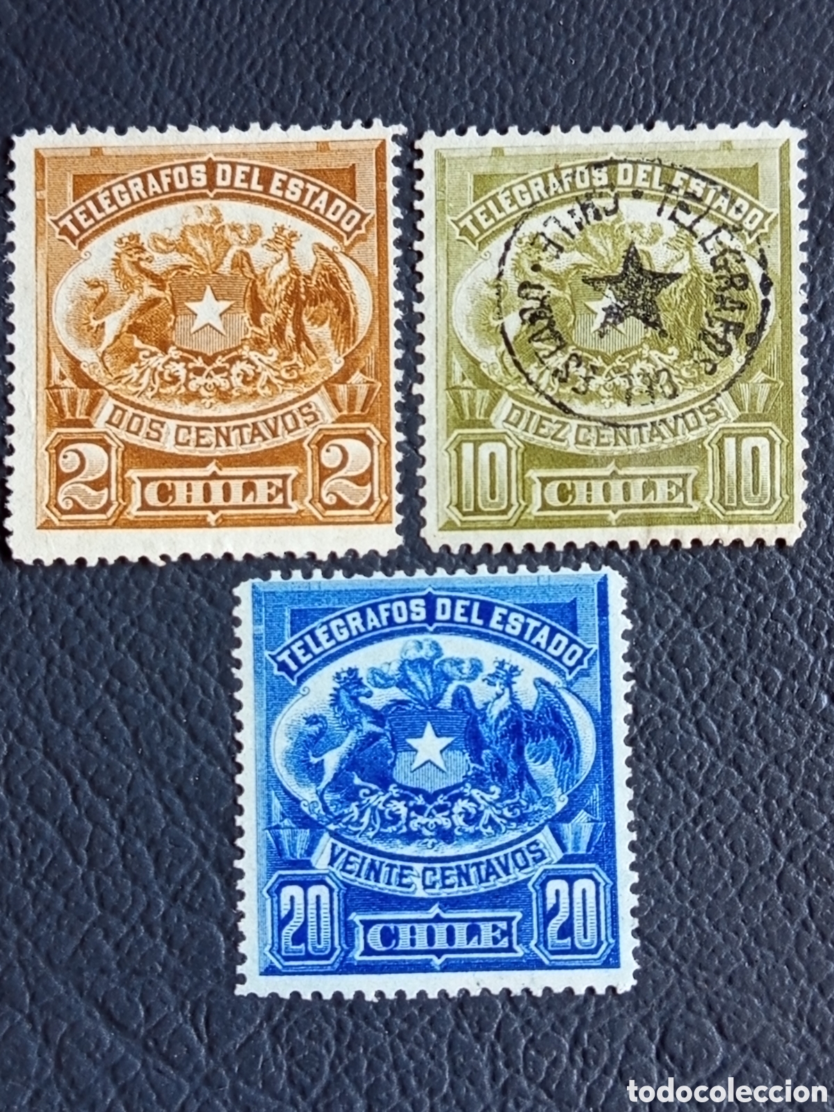 Sellos: Chile 1891 - Tel&eacute;grafos del Estado - Escudo Nacional 2/10/20c - Scott AR6/AR8 - Nuevo/Usado