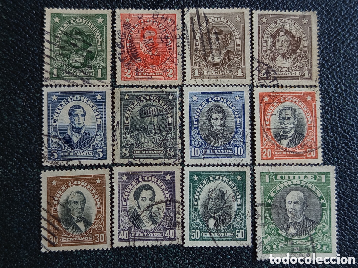 Sellos: Lote 12 Sellos Chile 1911 Serie Presidentes y Pr&oacute;ceres Scott 98 a 109 Usados