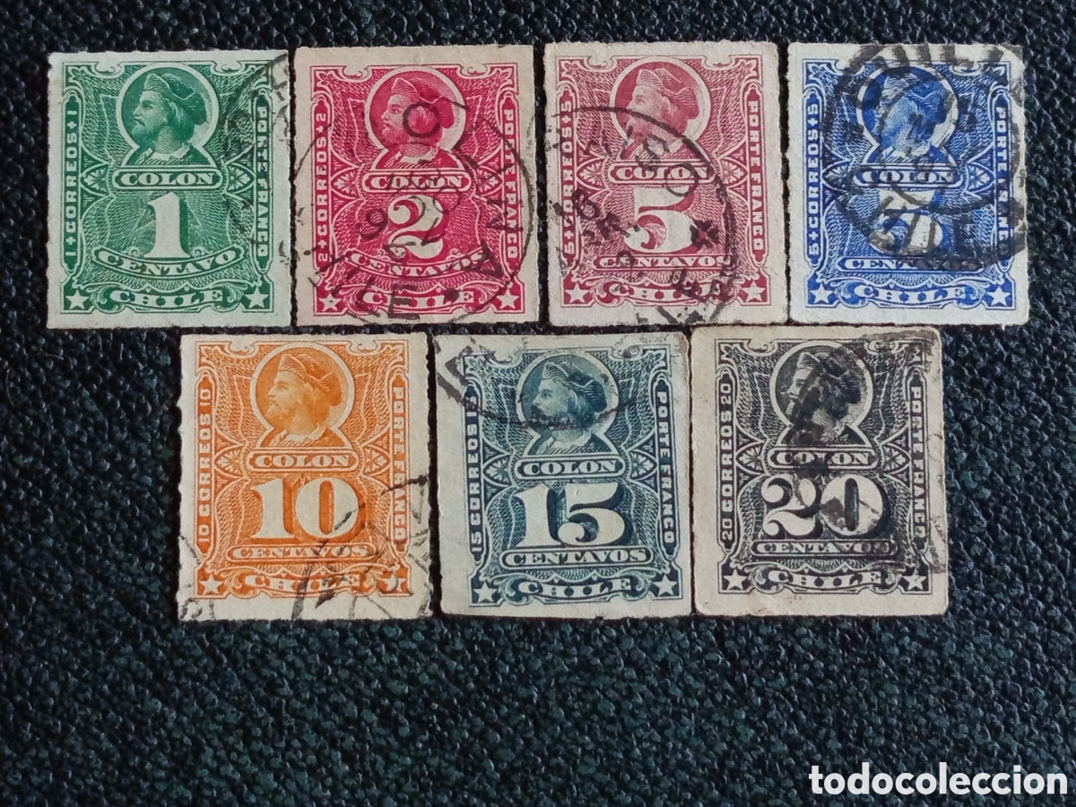 Sellos: Lote 7 Sellos Chile 1902 Crist&oacute;bal Col&oacute;n Porte Franco Scott 58 a 61 Usados