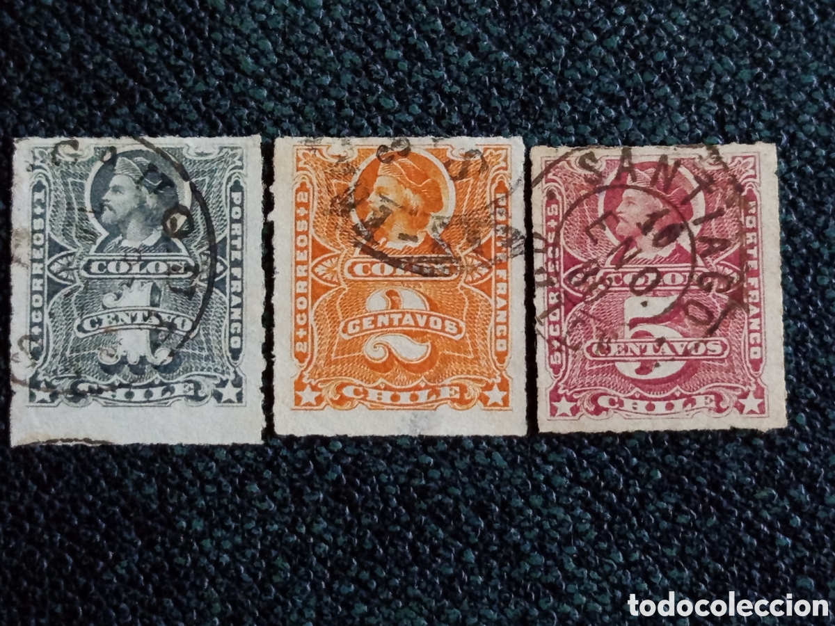 Sellos: Lote 3 Sellos Chile 1877 Crist&oacute;bal Col&oacute;n Porte Franco Scott 20/21/22 Usados