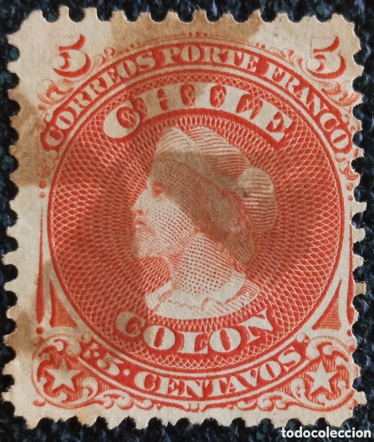 Sellos: Sello Chile 1867 Crist&oacute;bal Col&oacute;n 5c Rojo Primeros Dentados Scott 17 Usado