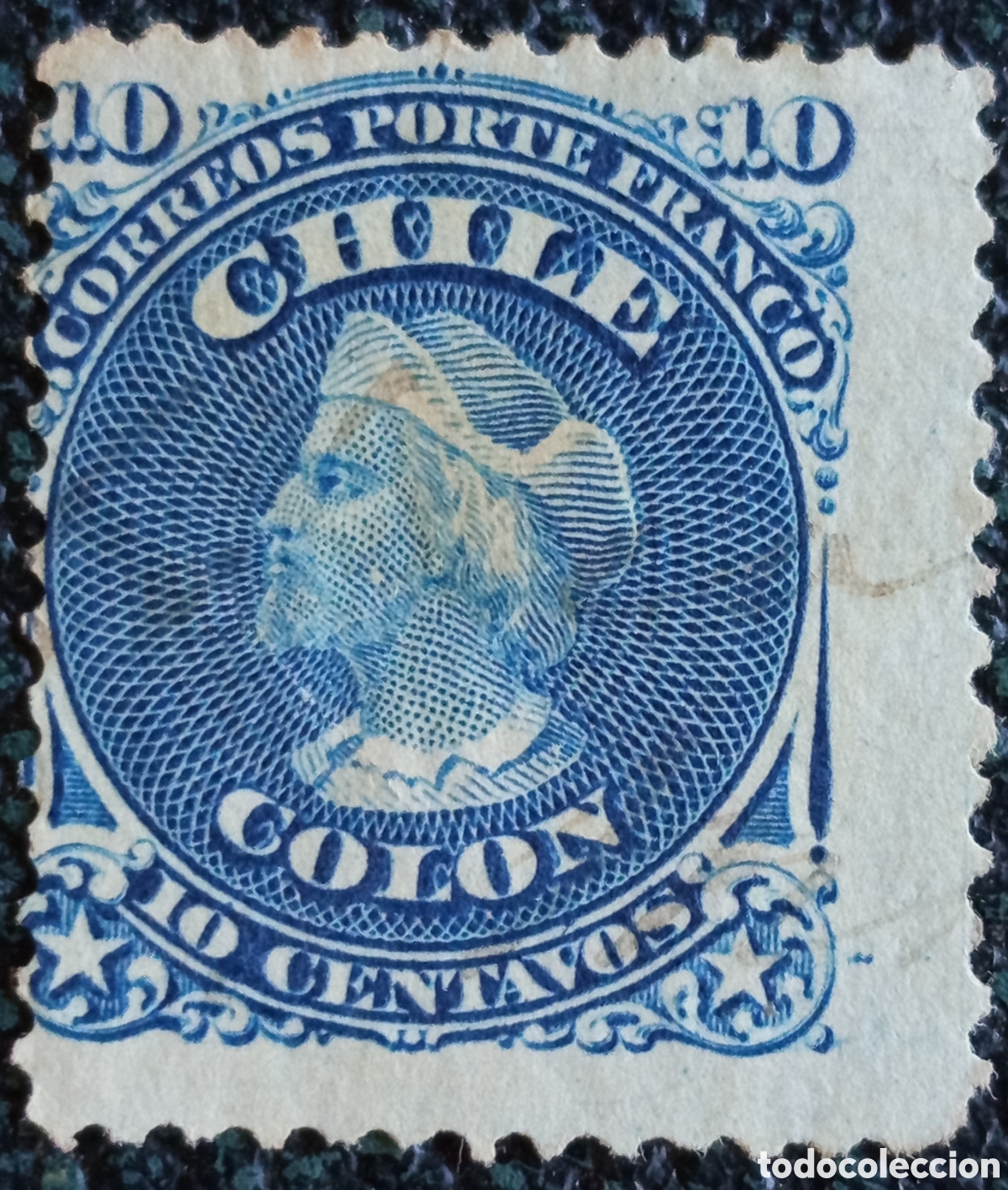 Sellos: Sello Chile 1867 Crist&oacute;bal Col&oacute;n 10c Azul Primer Dentado Scott 18