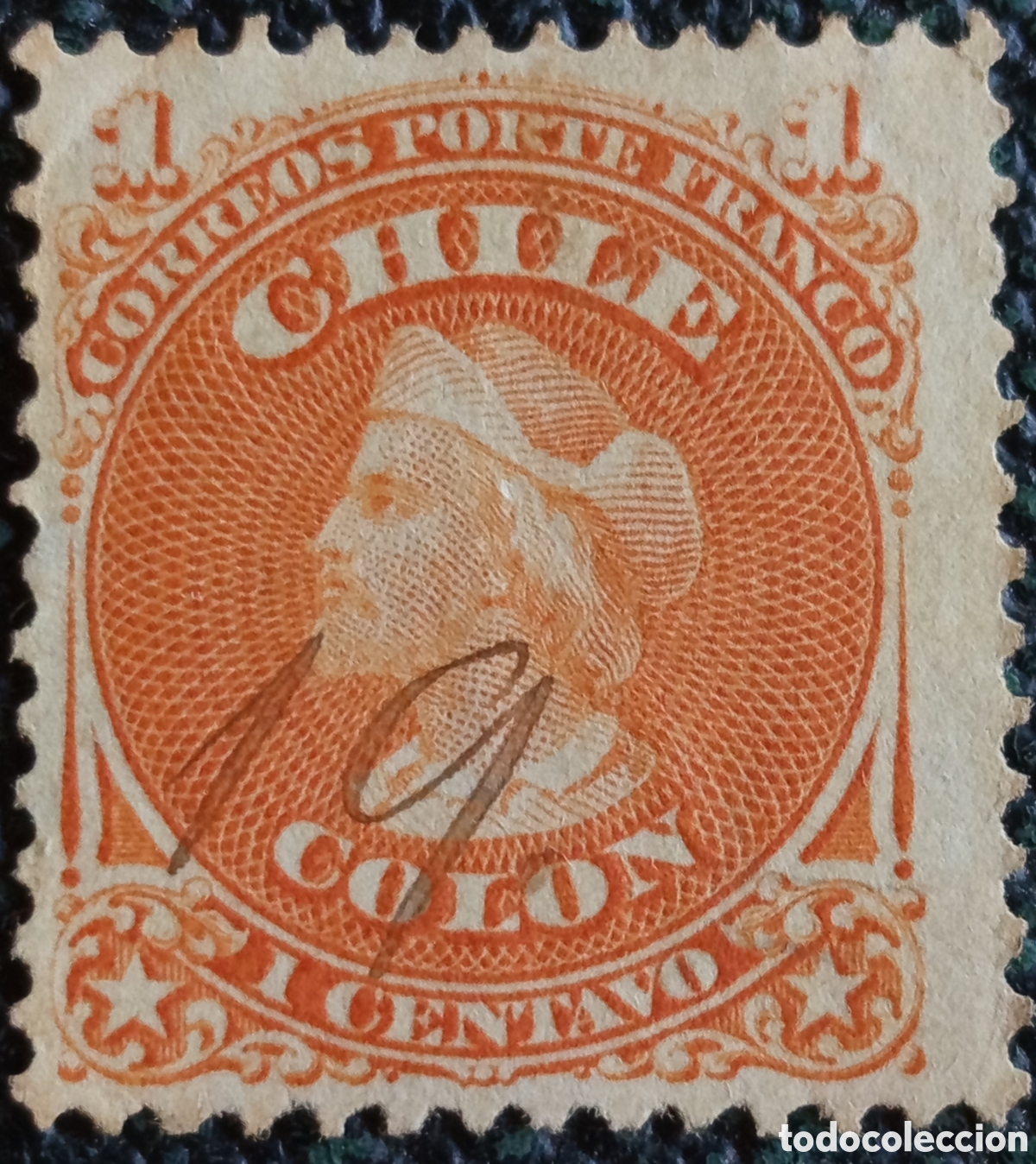 Sellos: Sello Chile 1867 Crist&oacute;bal Col&oacute;n 1c Naranja Primer Dentado Scott 15