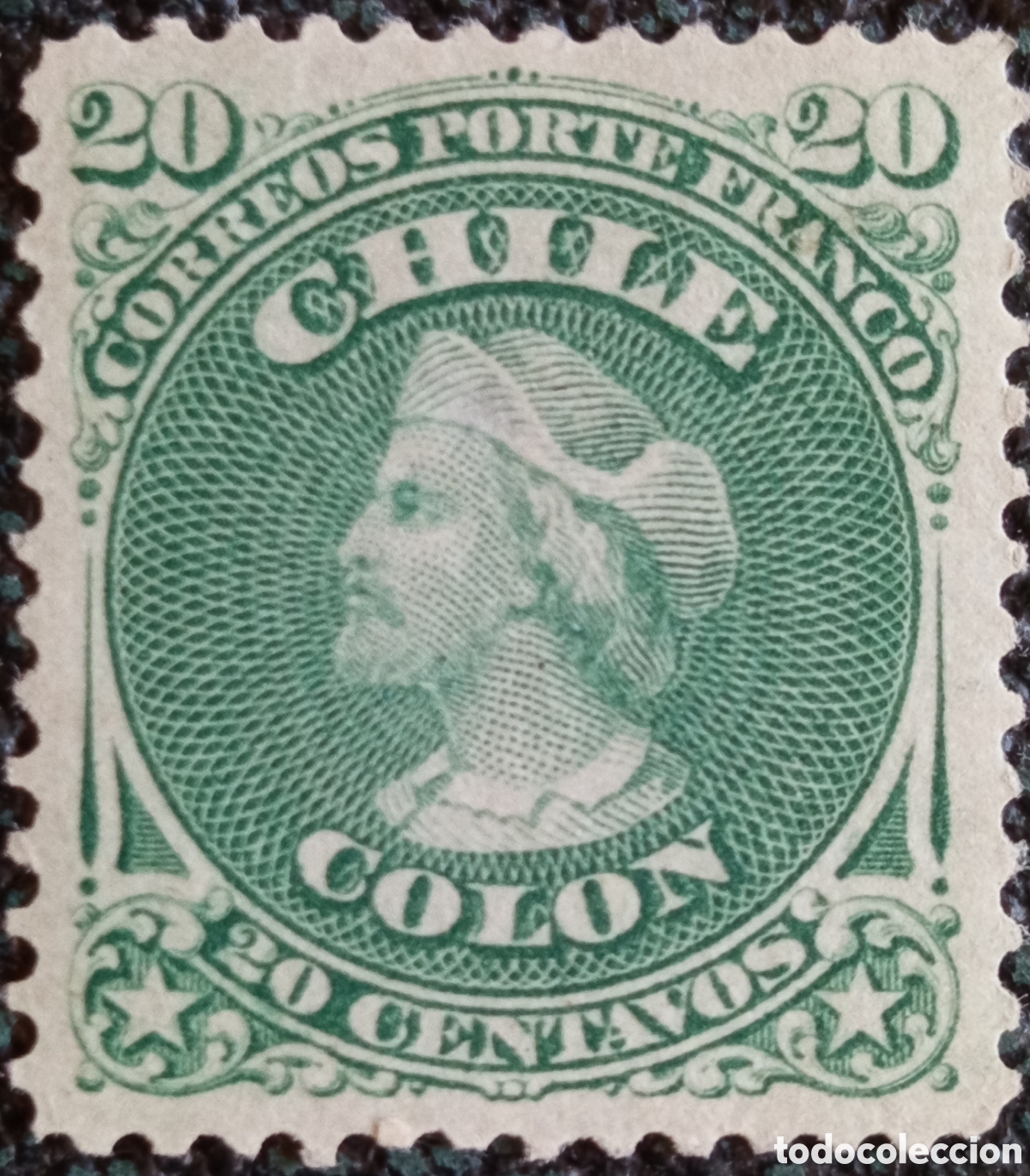 Sellos: Sello Chile 1867 Crist&oacute;bal Col&oacute;n 20 Centavos Verde (Scott 19) MH