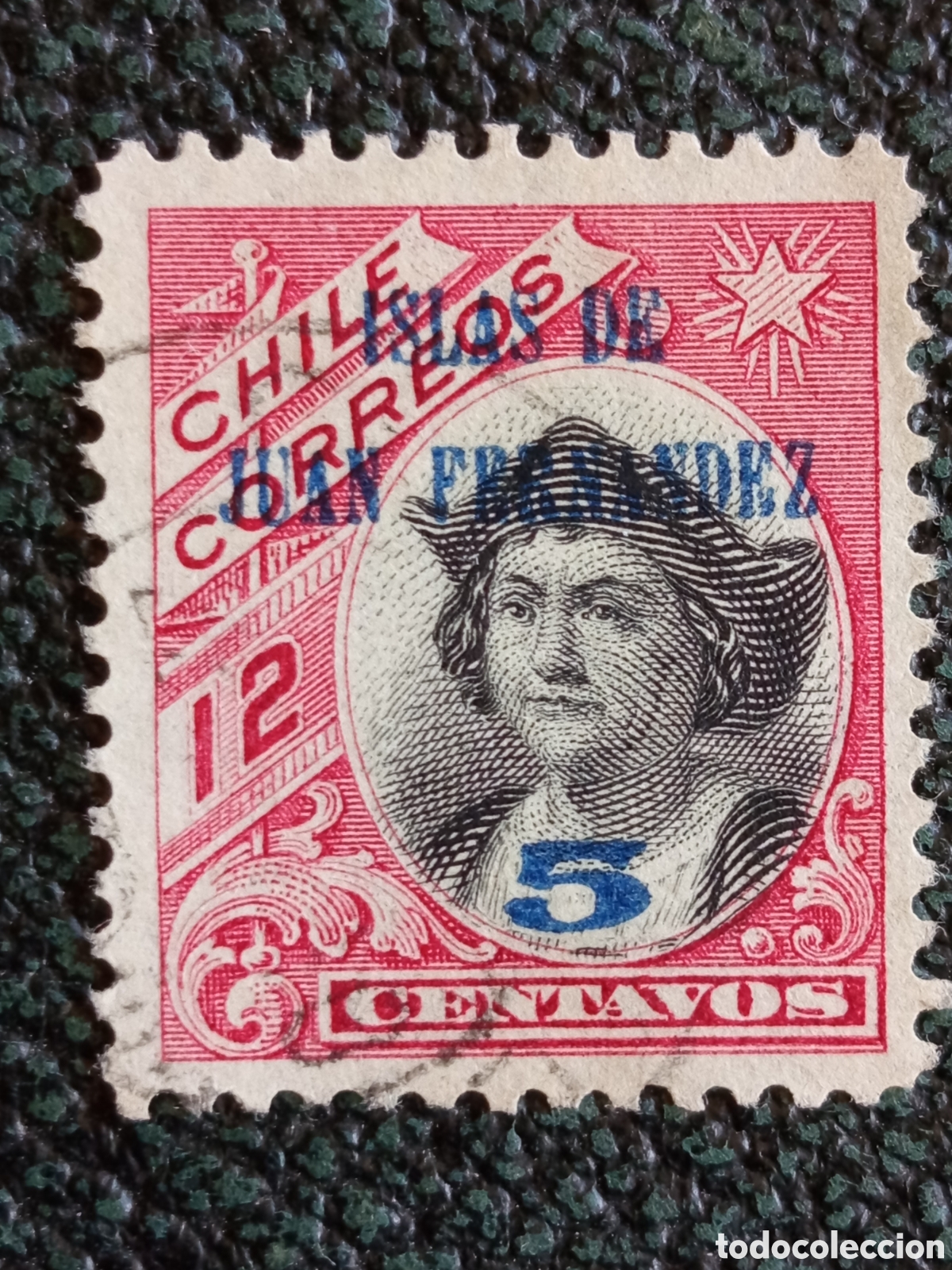 Sellos: Sello Chile 1910 Islas Juan Fern&aacute;ndez 5c sobre 12c Usado (Scott 79)