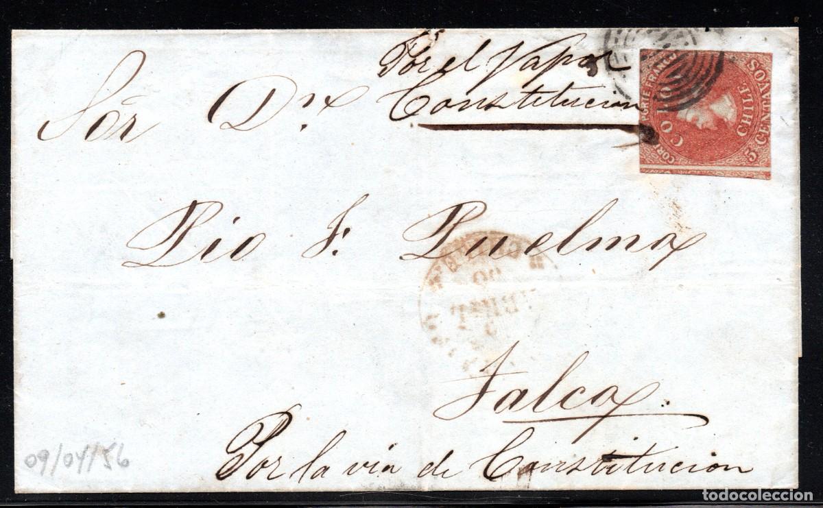 Sellos: CHILE, CUBIERTA 1856 COLON 2&deg; IMPRESION DE LONDRES A TALCA