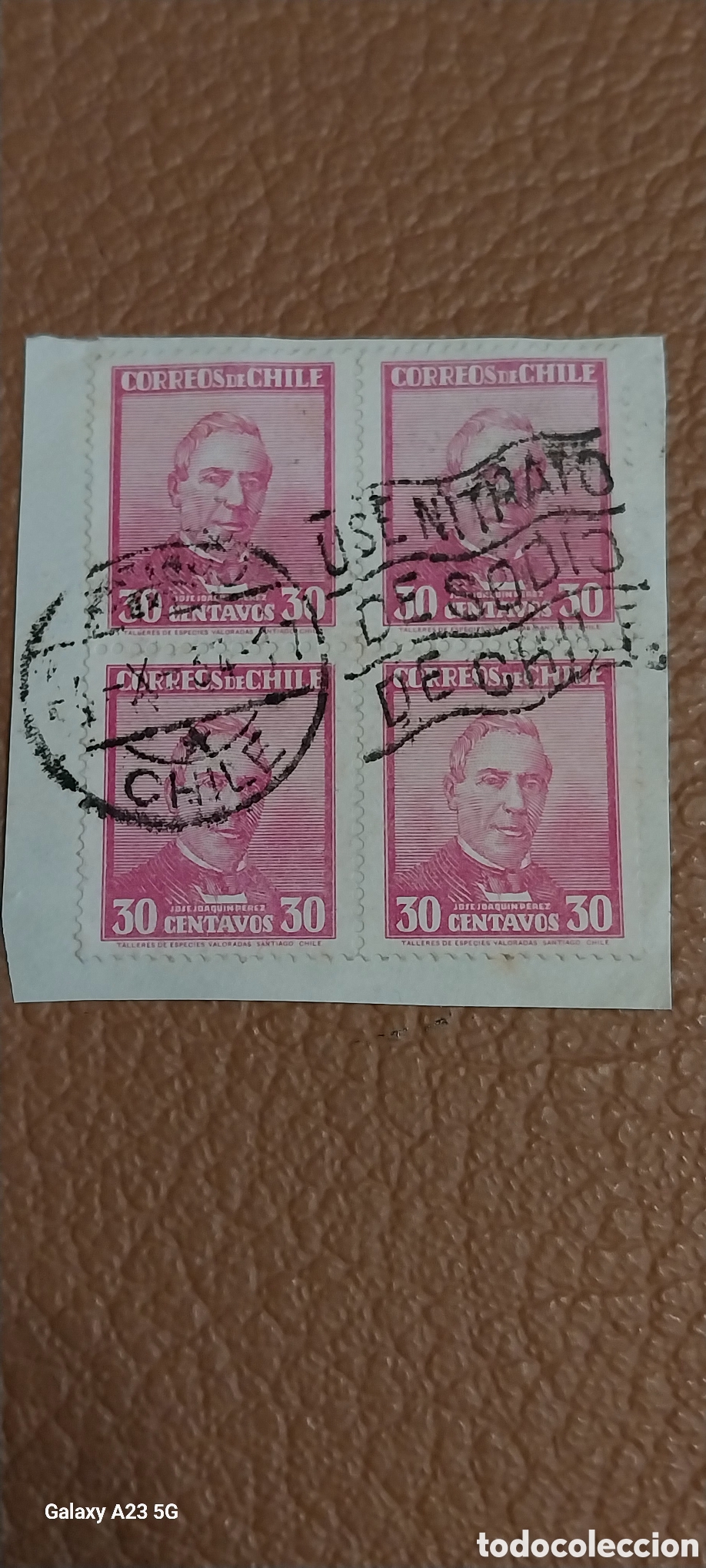 Sellos: Fragmento Chile 1938 Bloque 4 J. J. P&eacute;rez 30c Matasello Nitrato Cat Scott 192