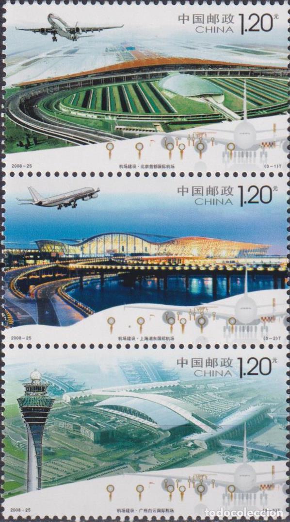 Sellos: China 2008 Edificios del aeropuerto Aeronave MNH - Foto 1