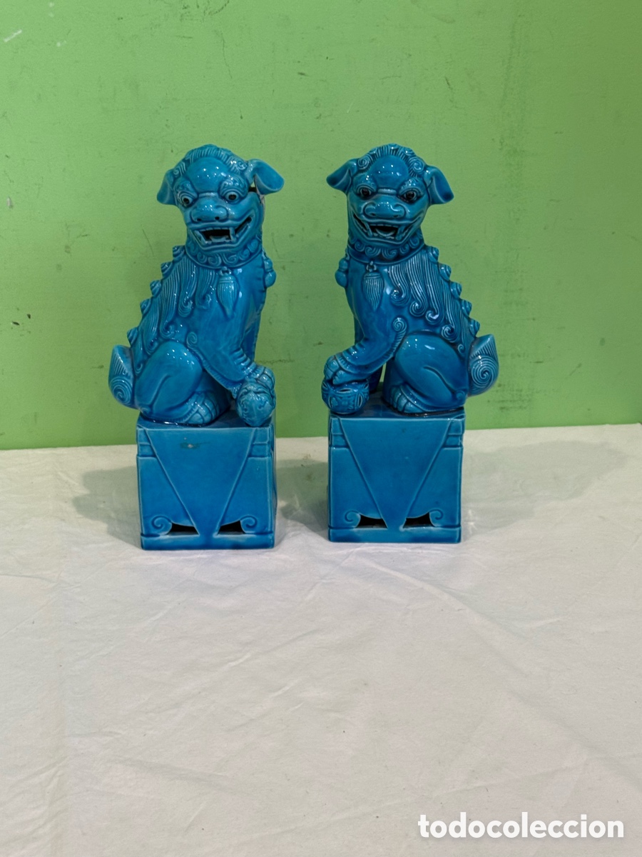 Sellos: Pareja de perros Foo chinos azul turquesa cer&aacute;mica oriental 27 cm vintage