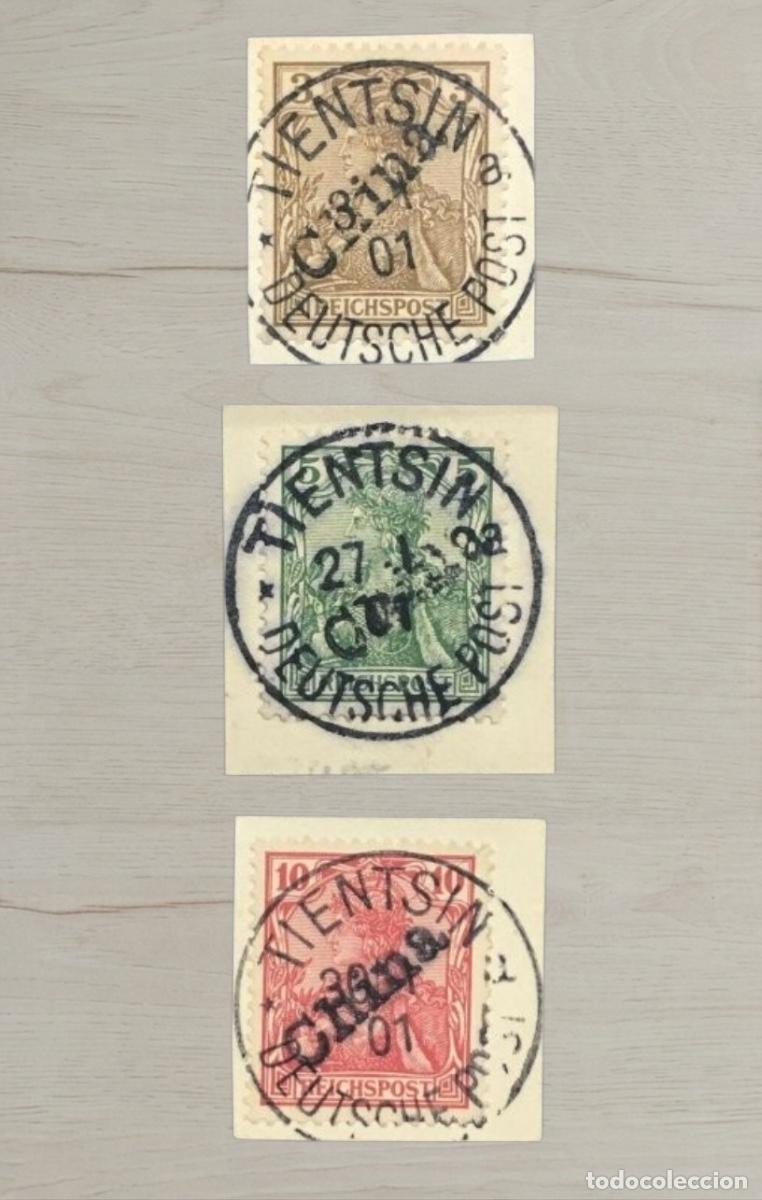 Sellos: German Post Offices in China 1898-1901 Selection 3v on Piece - Luxury TIENTSIN DEUTSCHE POST Cancell