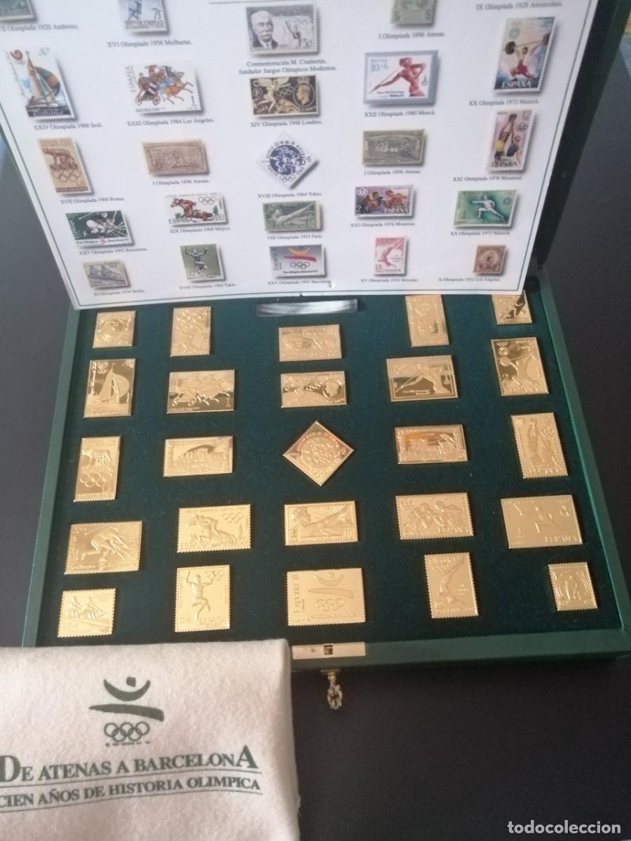 Sellos: DE ATENAS A BARCELONA: 25 SELLOS DE PLATA MACIZA 925 BA&Ntilde;ADOS EN ORO. COMPLEMENTOS.