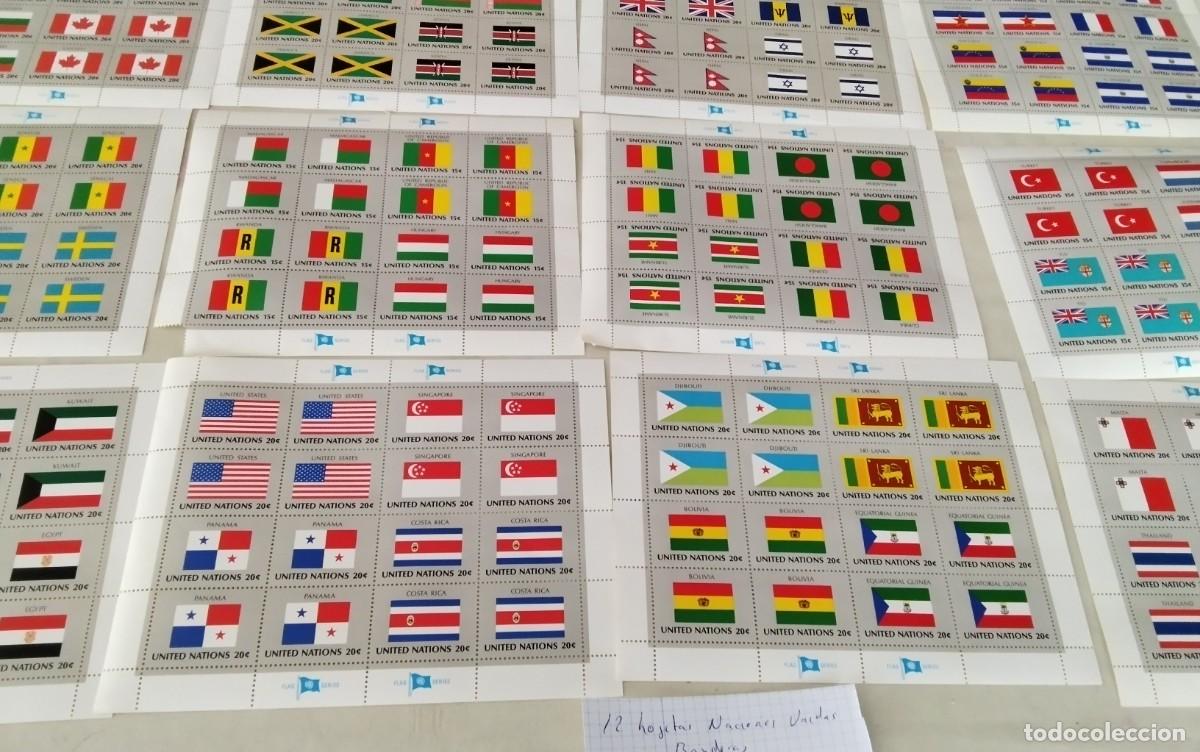 Sellos: 12 HOJITAS SELLOS TEMA NACIONES UNIDAS BANDERAS DE PAISES , DIFERENTES