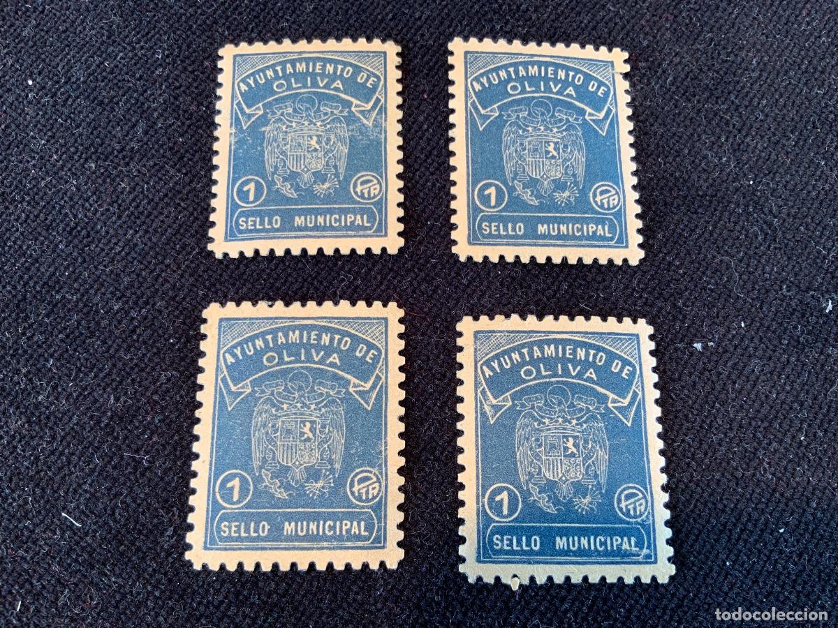 Sellos: Lote de 4 sellos iguales, sello municipal ayuntamiento de oliva. Valencia. 1 peseta. Azul.