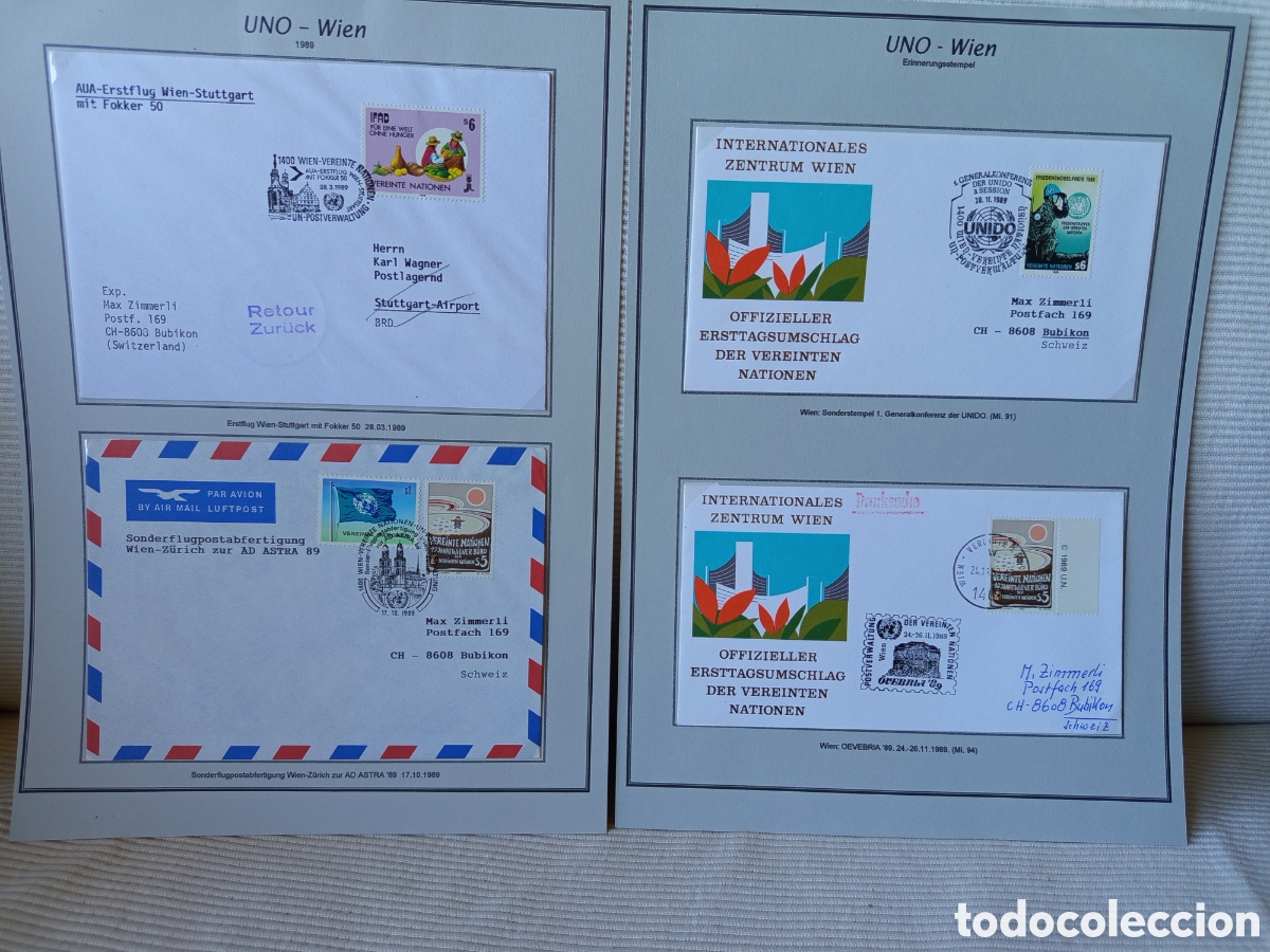 Sellos: Lote 4 Sobres Primer D&iacute;a (FDC) ONU Viena 1989 - Aniversarios y Vuelos