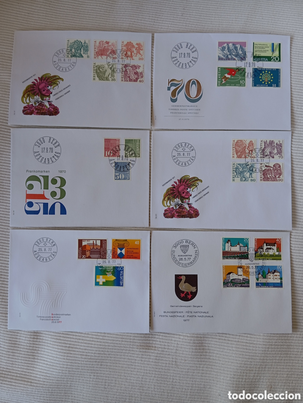 Sellos: Colecci&oacute;n Suiza: 6 Sobres Primer D&iacute;a (FDC) A&ntilde;os 1970-1977