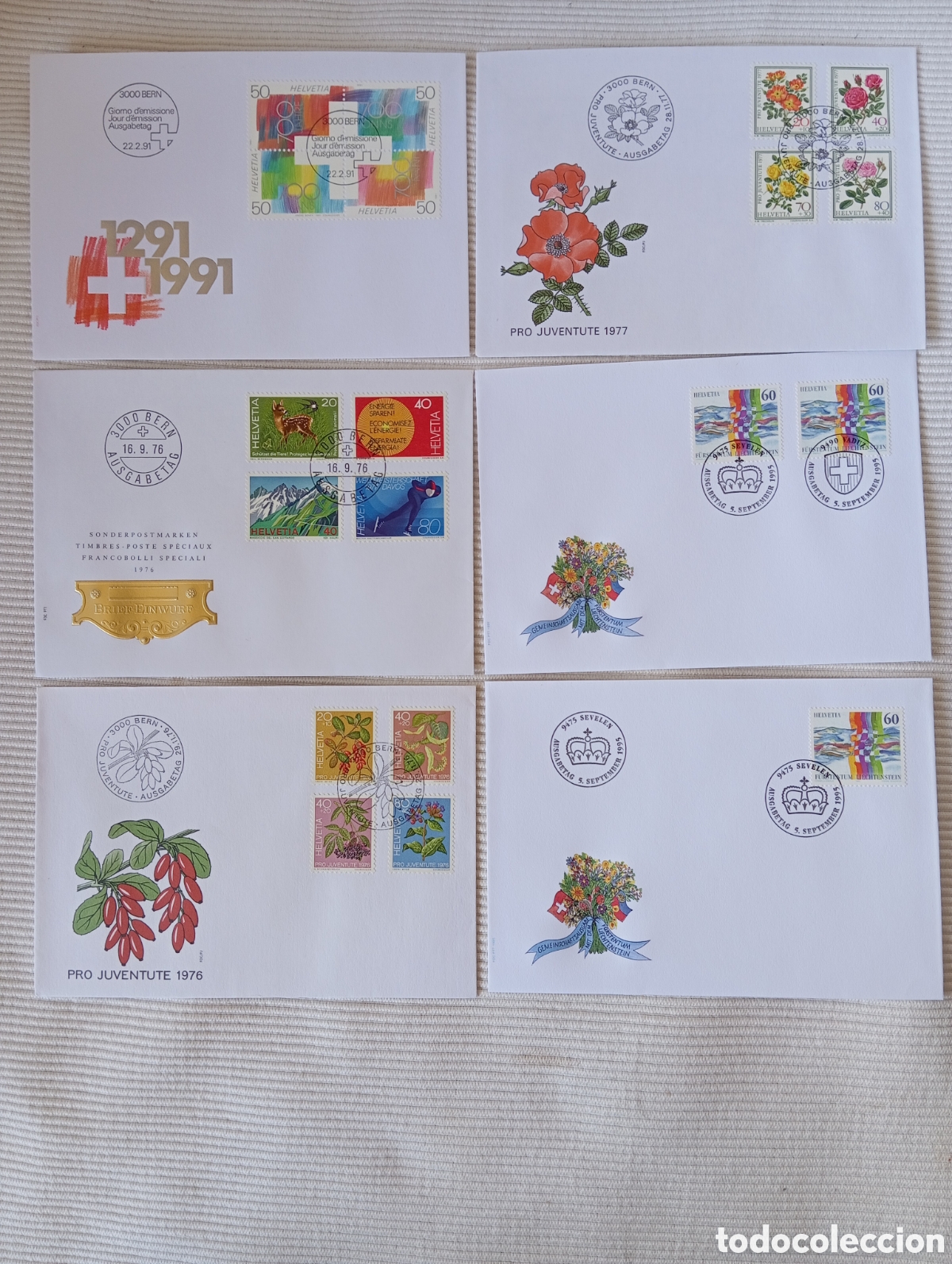 Sellos: Lote 6 Sobres Primer D&iacute;a (FDC) Suiza - Helvetia, A&ntilde;os 1976-1995
