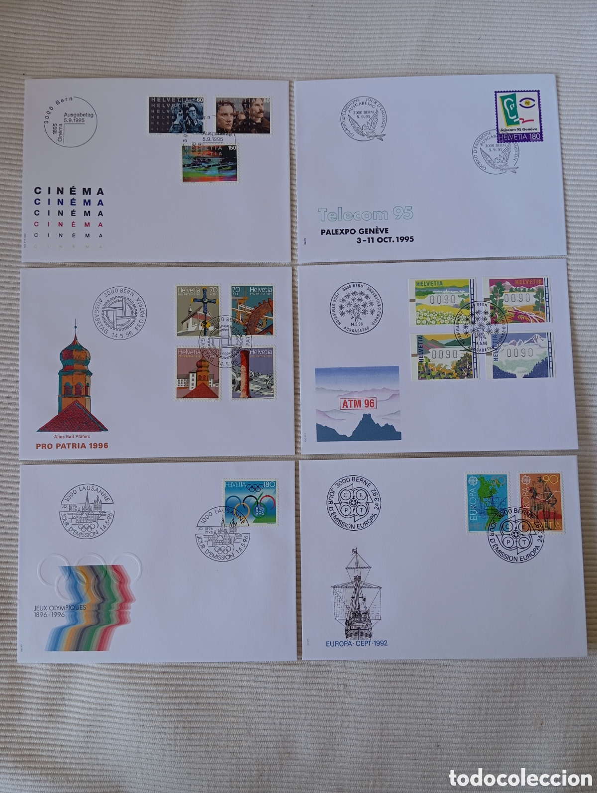 Sellos: Lote 6 Sobres Primer D&iacute;a (FDC) Suiza - A&ntilde;os 1992 a 1996 - Temas Variados