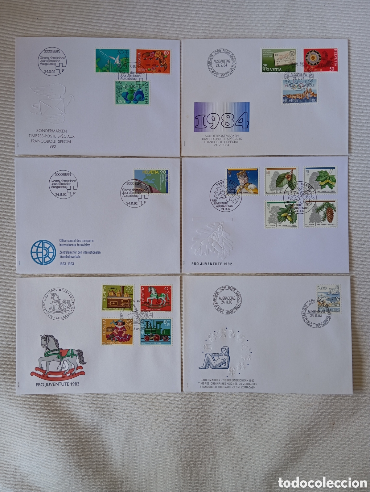 Sellos: Lote 6 Sobres Primer D&iacute;a (FDC) Suiza - A&ntilde;os 1983, 1984 y 1992