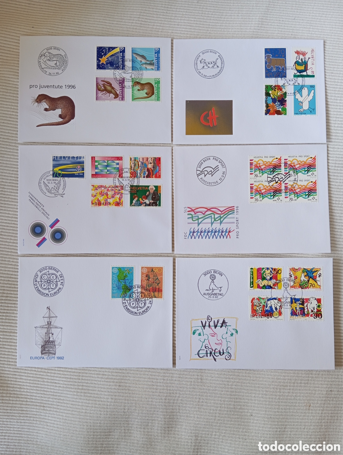 Sellos: Lote 6 Sobres Primer D&iacute;a (FDC) Suiza - A&ntilde;os 1992-1996 - Helvetia