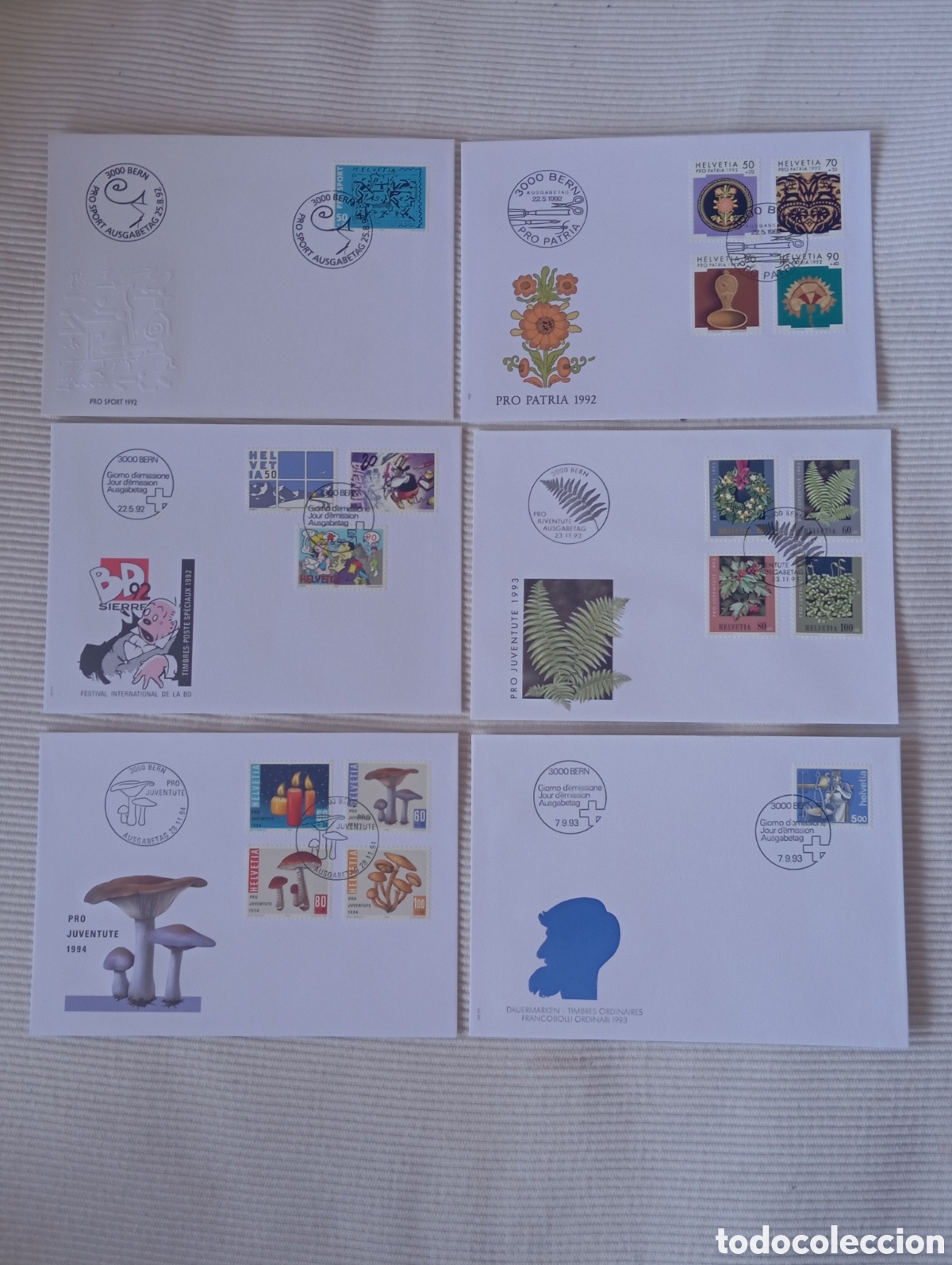 Sellos: Colecci&oacute;n 6 Sobres FDC Suiza (1991-1995): Pro Juventute, Pro Patria y Especiales