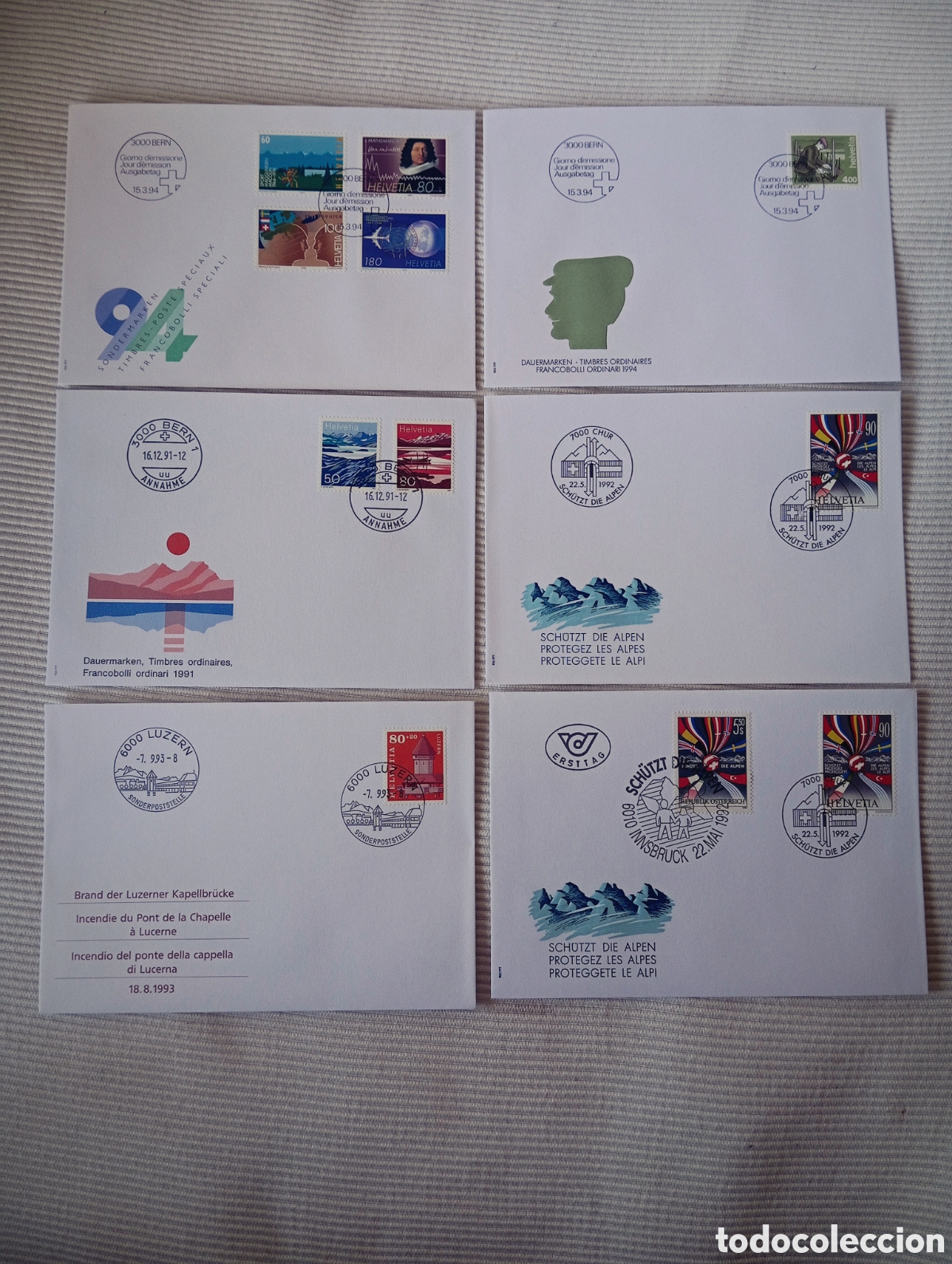 Sellos: Colecci&oacute;n 6 Sobres Primer D&iacute;a (FDC) Suiza 1991-1994 - Tem&aacute;tica Alpes y Lucerna Etc..