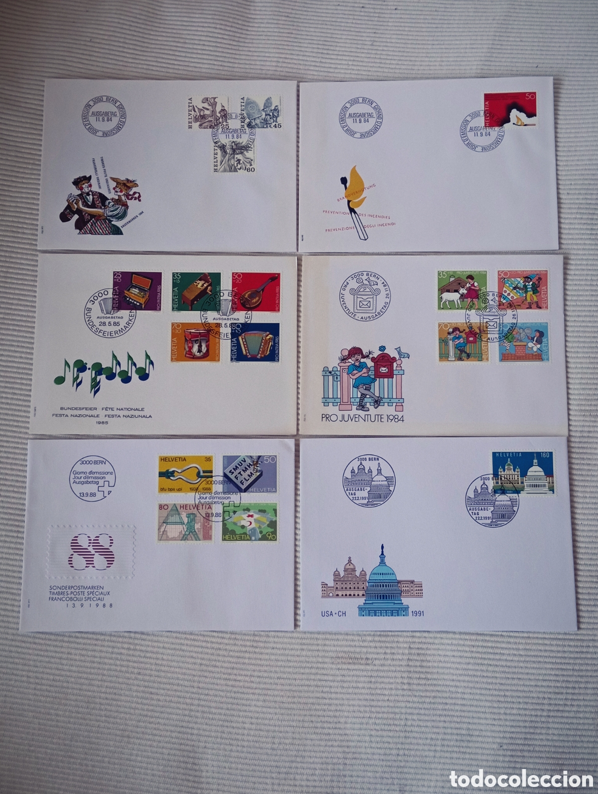 Sellos: Colecci&oacute;n 6 Sobres Primer D&iacute;a (FDC) Suiza - A&ntilde;os 1984 a 1991