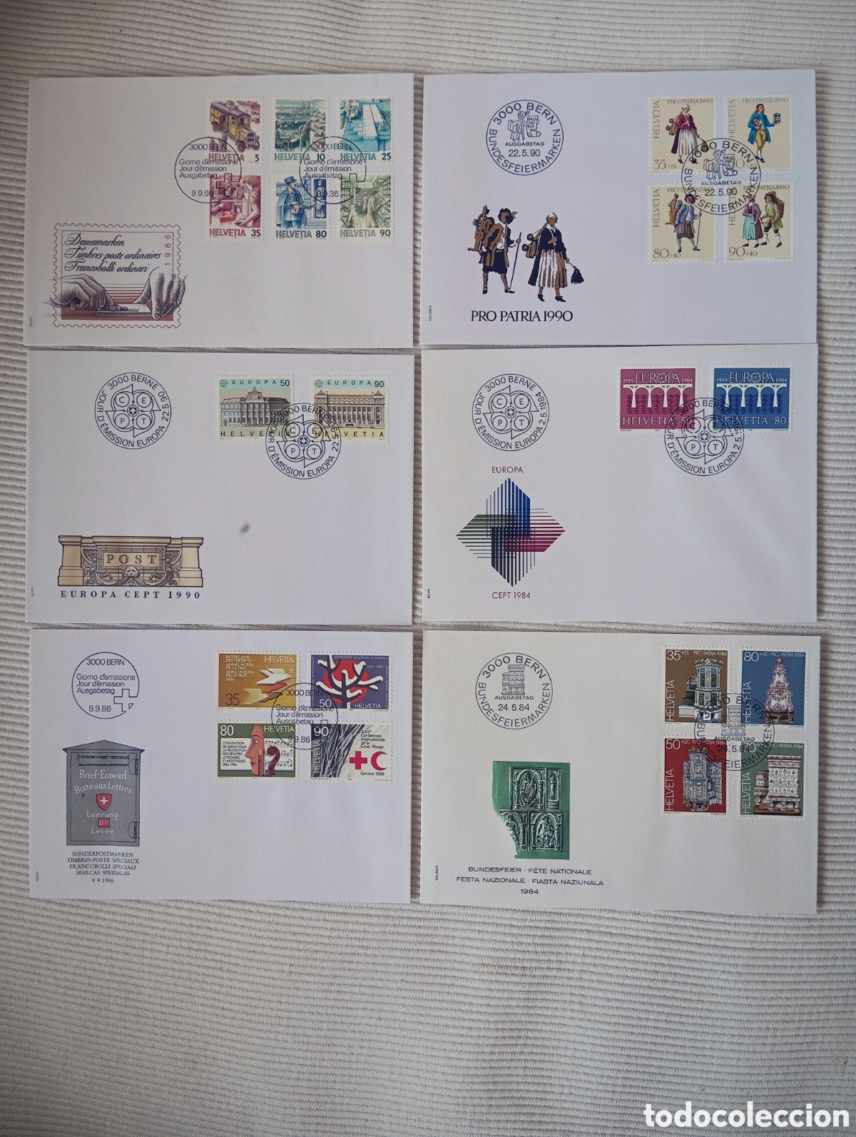 Sellos: Lote 6 Sobres Primer D&iacute;a (FDC) Suiza &bull; 1984-1990 &bull; Impecables