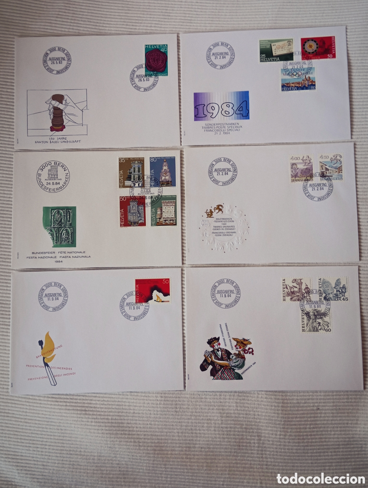 Sellos: Lote 6 Sobres Primer D&iacute;a (FDC) Suiza 1983-1984 - Helvetia Impecables
